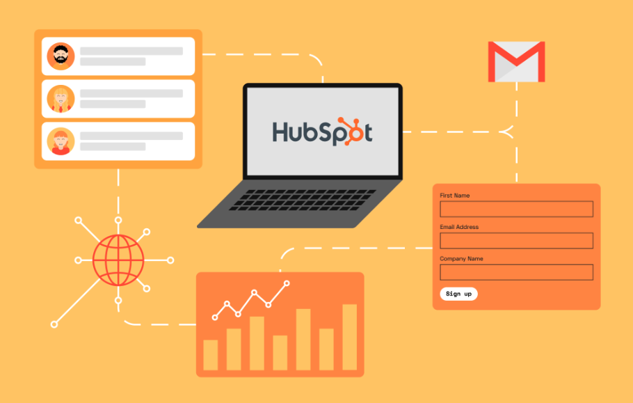 an image showing logo of hubspot, gmail,and sign up button for user