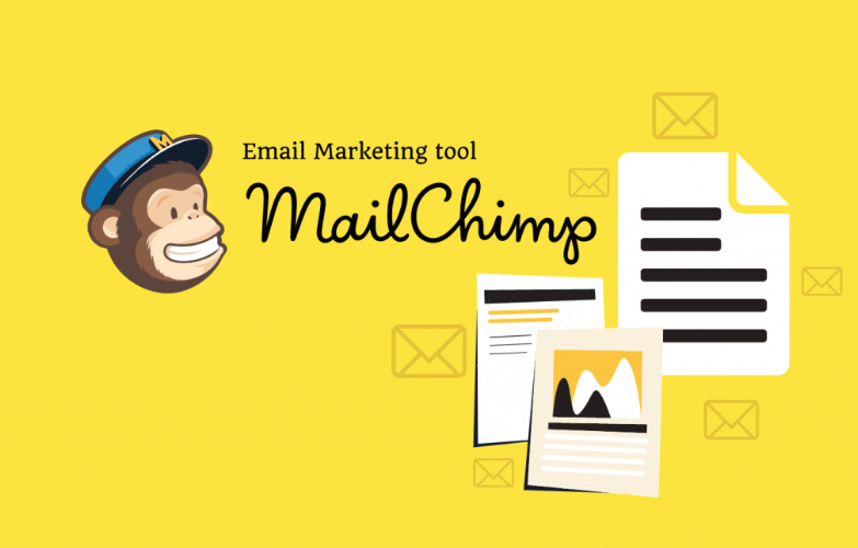 An image of mailchimp logo with some papers beside the logo